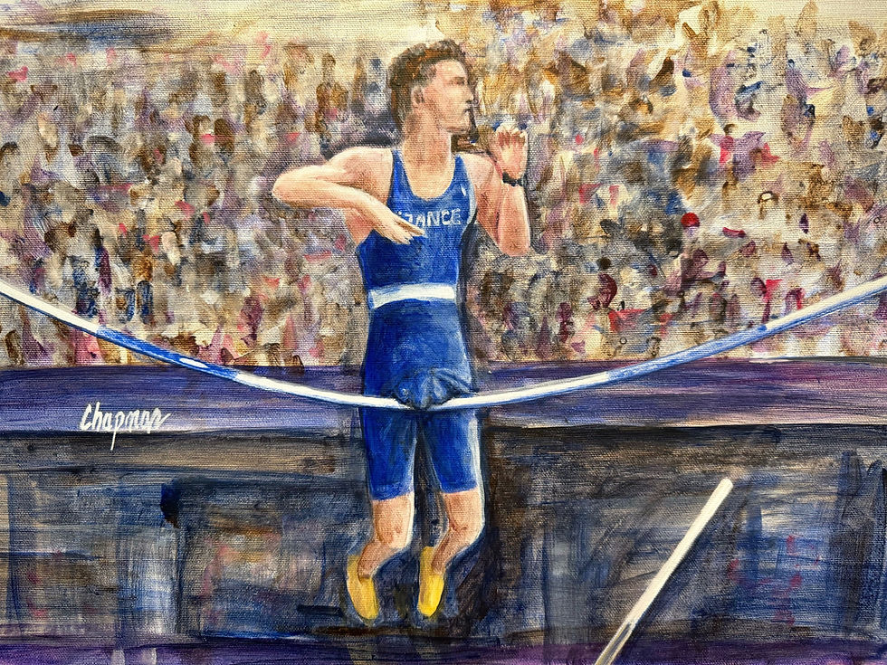 Thumbnail: Pole vault guy hits his junk on the bar original painting 12” x 18” loose canvas