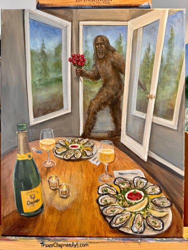 Bigfoot date night encounter with oyster dinner and champagne and