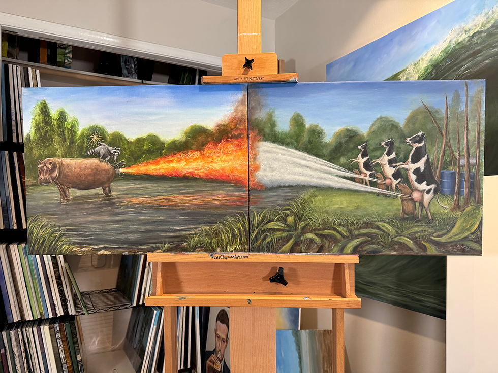 Capybara milking cows original. Hippo fart embellished print. See description