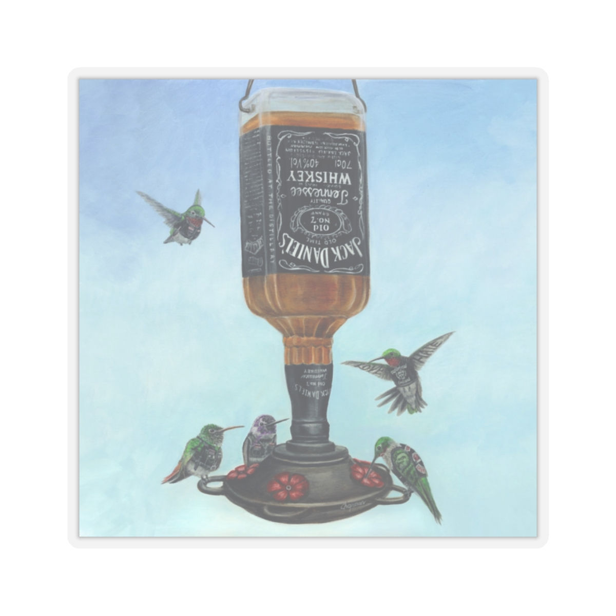 Biker bar Hummingbirds at a feeder. Wearing leather jackets. Stickers