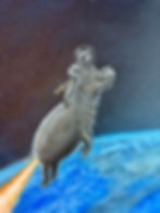 Thumbnail: Kip, the raccoon rides a hippo rocket to Outer space with earth in backgound