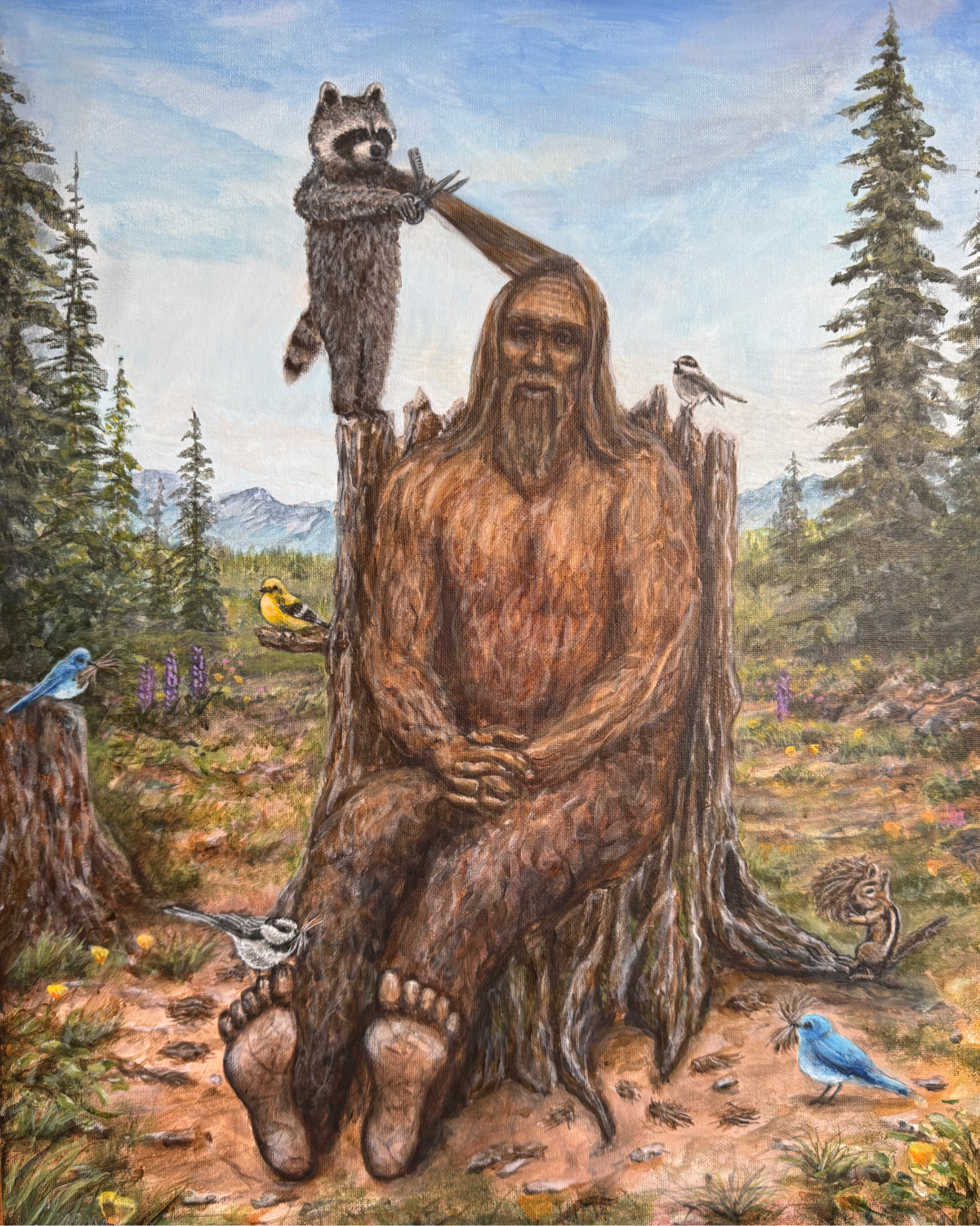 Raccoon gives Bigfoot a haircut keep hairstylist birds get clippings.