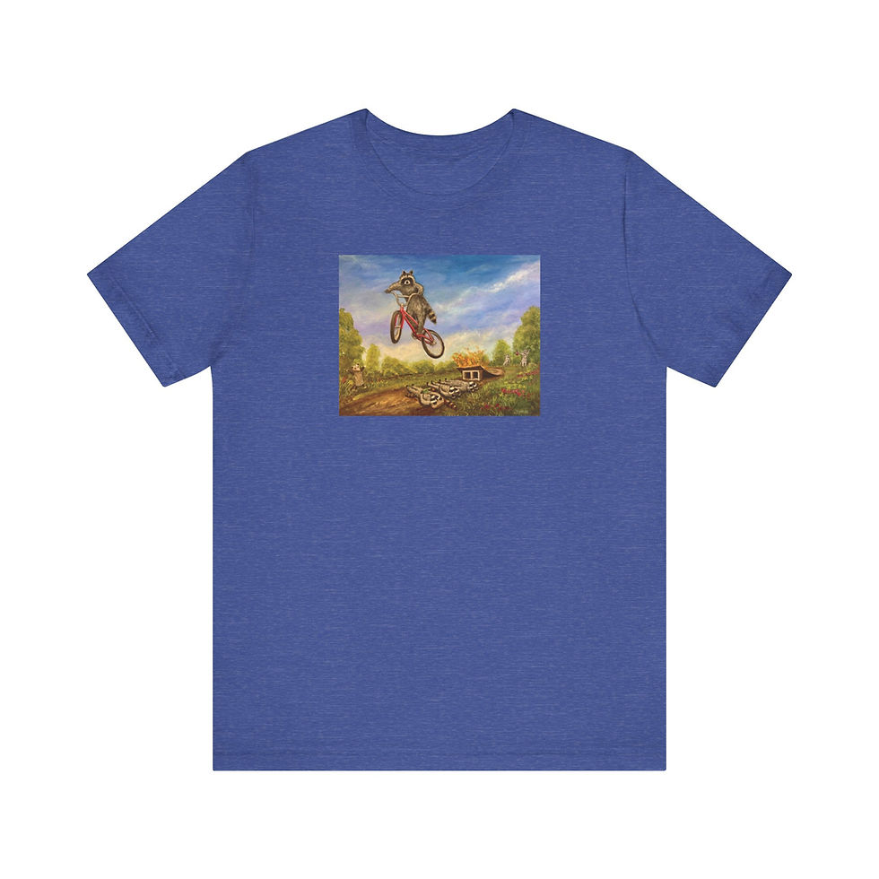 Thumbnail: BMX Kip, jumping off of flaming launch ramp. Short Sleeve Tee. 