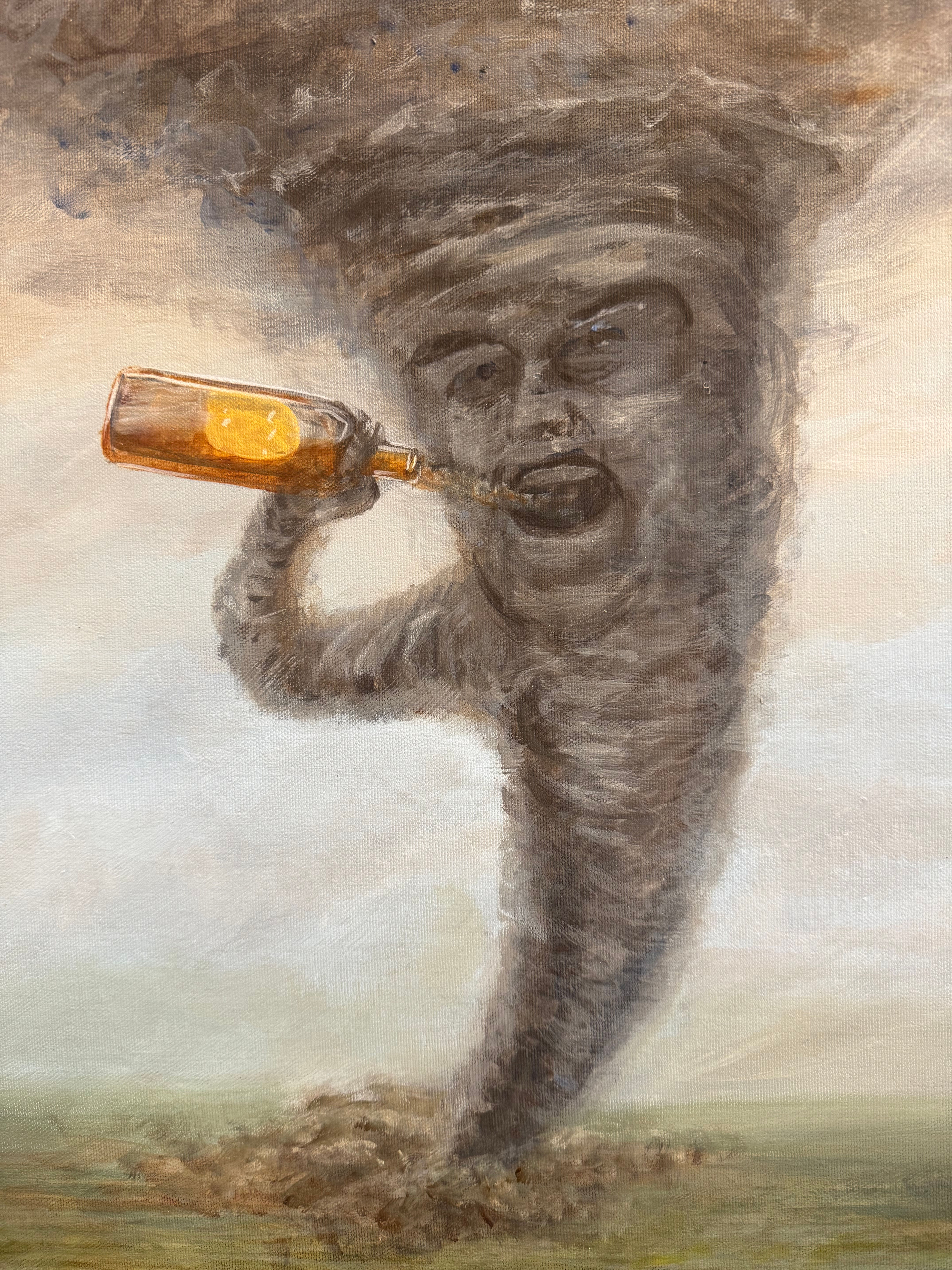 Whiskey twister tornado with bottle of booze adding to the chaos.