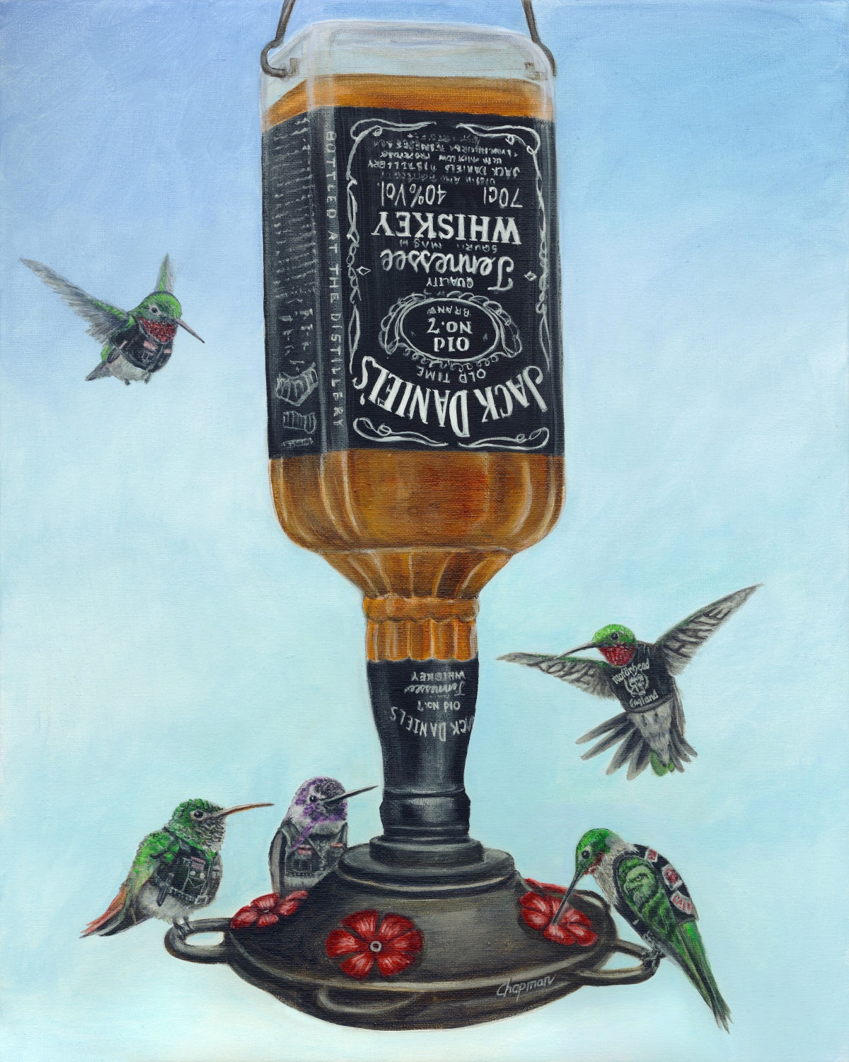 Biker bar Hummingbirds at a feeder filled with whiskey. Wearing leather jackets.