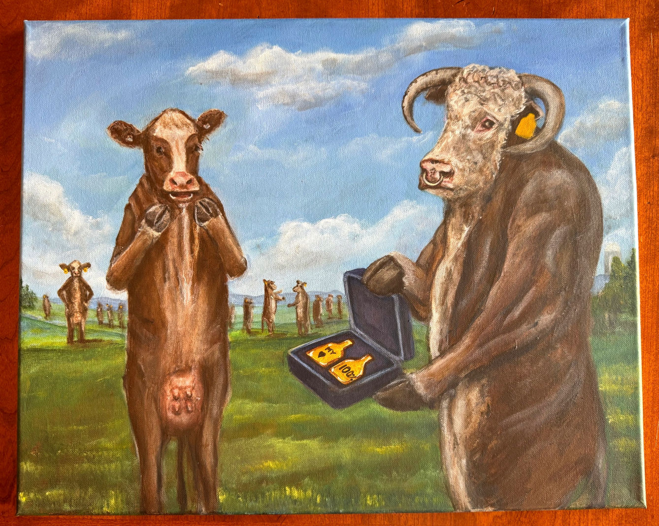 Bull gives custom ear tag earrings to his special lady cow original 16”x20”