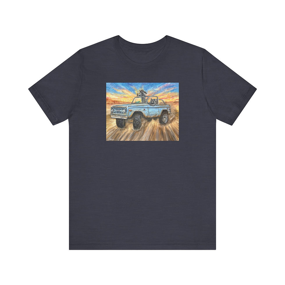 Thumbnail: Kip and Ricky driving, down a dirt road.  Unisex Jersey Short Sleeve Tee