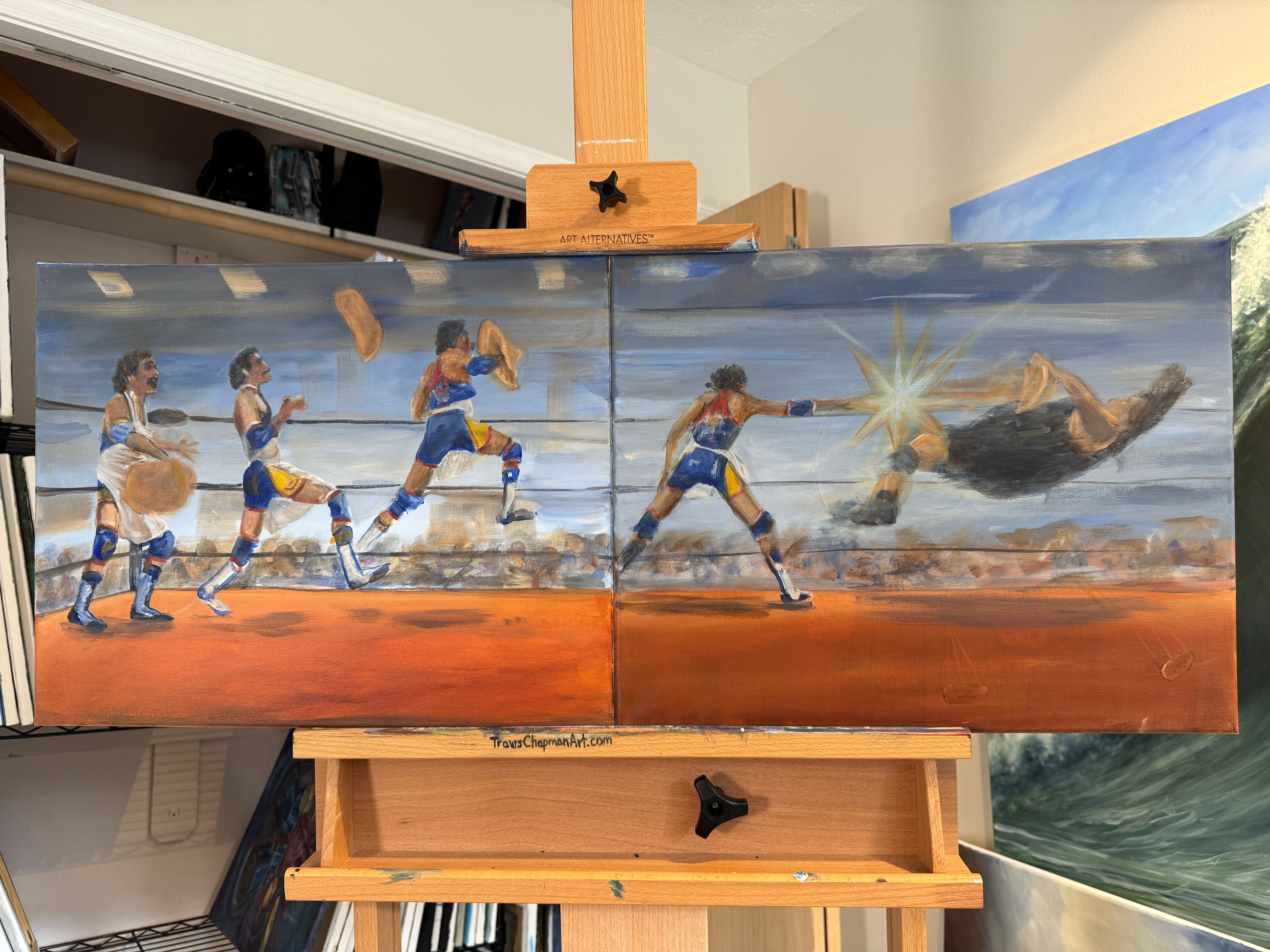 Luigi Primo pizza throwing wrestler, Italian to canvas painting original