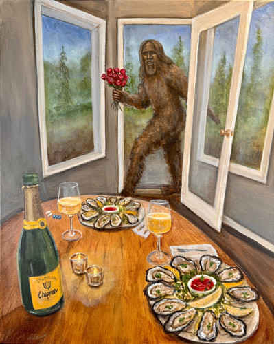 Bigfoot キャンバスアート(2) 作品 手書き Bigfoot date night encounter with oyster dinner and champagne and