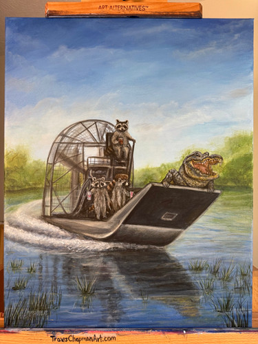 Raccoons and alligator in an airboat. Kip and Cyrus through the