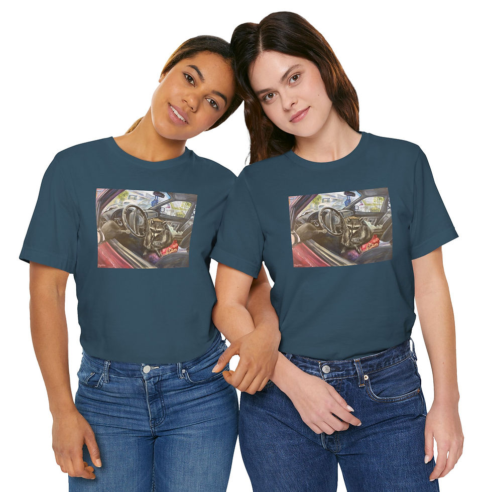 Thumbnail: Raccoon with meth pipe in a car police laughing. Jersey Short Sleeve Tee.