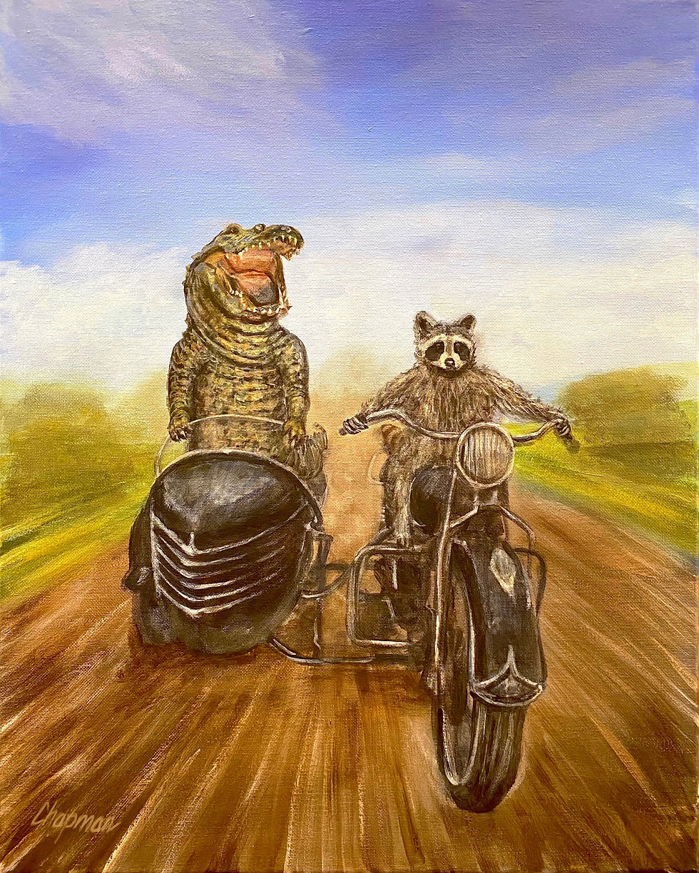 A raccoon and an alligator go for a ride on a motorcycle with a Sidecar.
