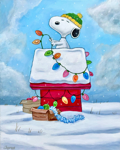Snoopy decorates dog house for Christmas. | Travis Chapman Art