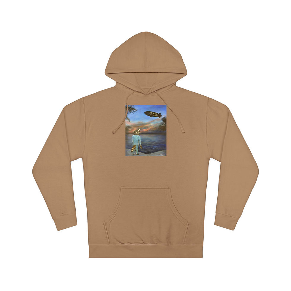 Thumbnail: Kip, the raccoon sees “the world is yours”  on a blimp sunset. Hooded Sweatshirt