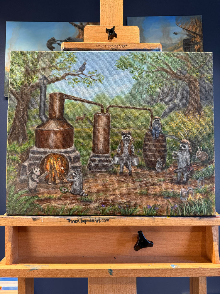 The moonshiners kip and raccoons making alcoholic spirits in the woods. Original acrylic painting.
