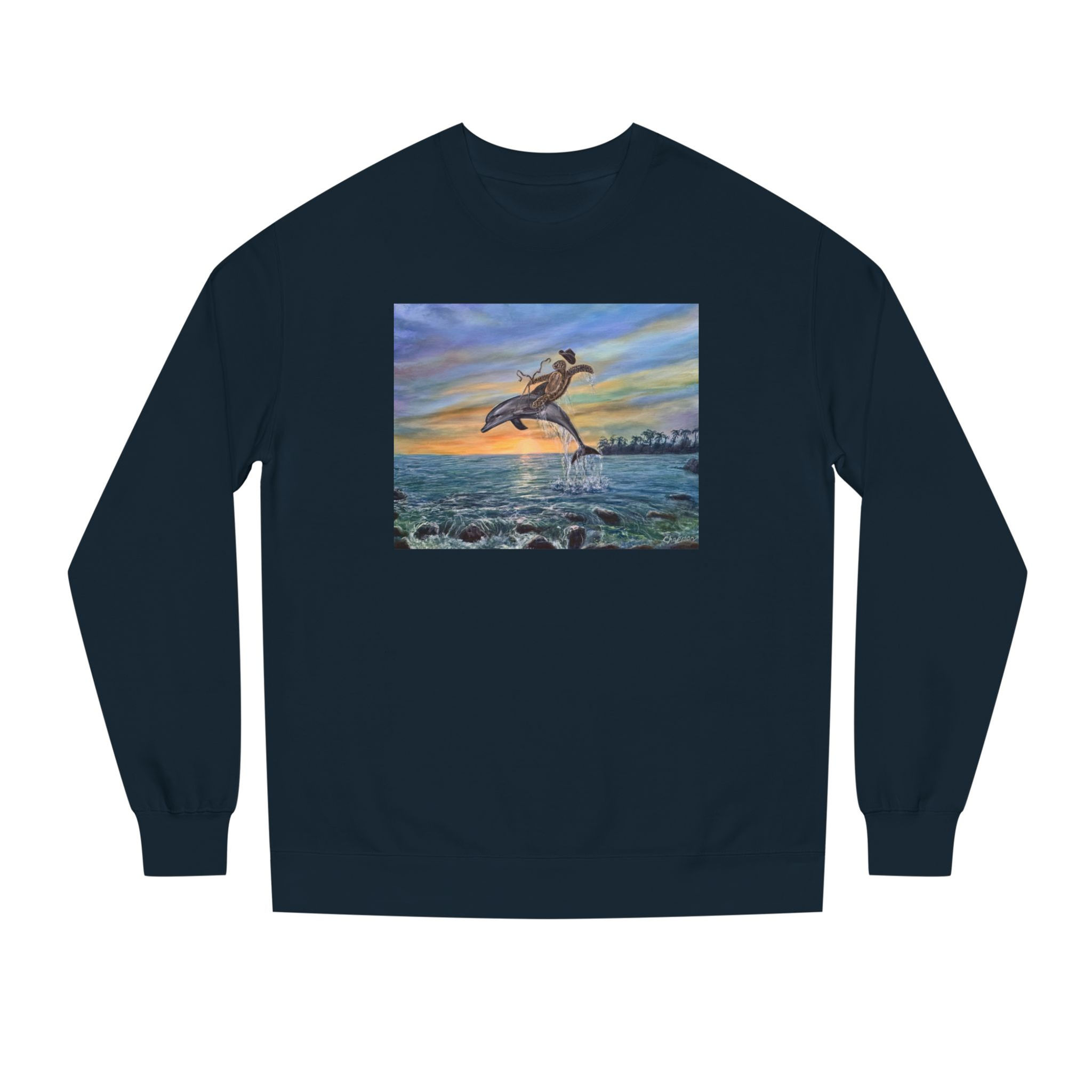 Sea turtle in cowboy hat, rodeo ride on a dolphin. Unisex Crew Neck Sweatshirt