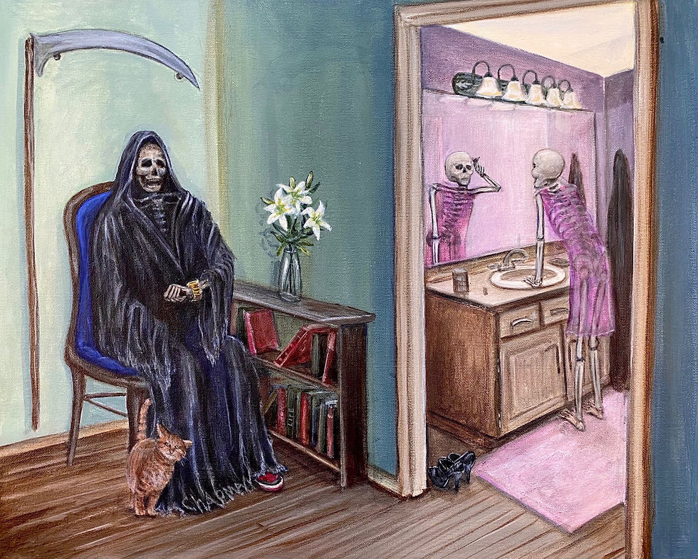 Death's girlfriend taking forever. Grim Reaper waiting on his girlfriend.