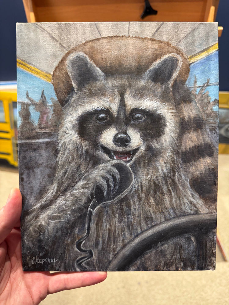 Ricky bus driver talking on the CB radio, with coonskin cap original 8”x10”