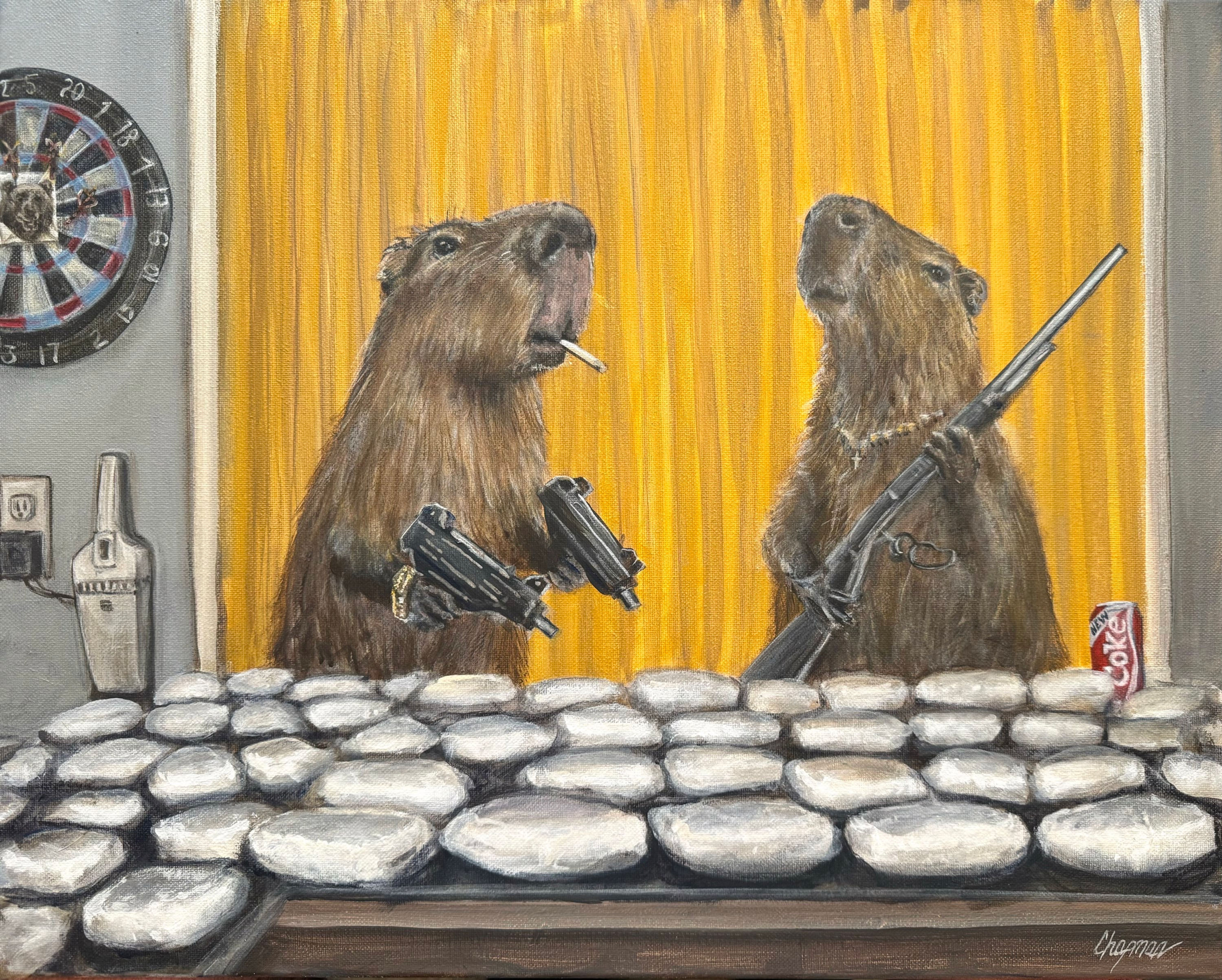 Capybara cartel cocaine table Capbaras with uzi and shotgun yellow curtain