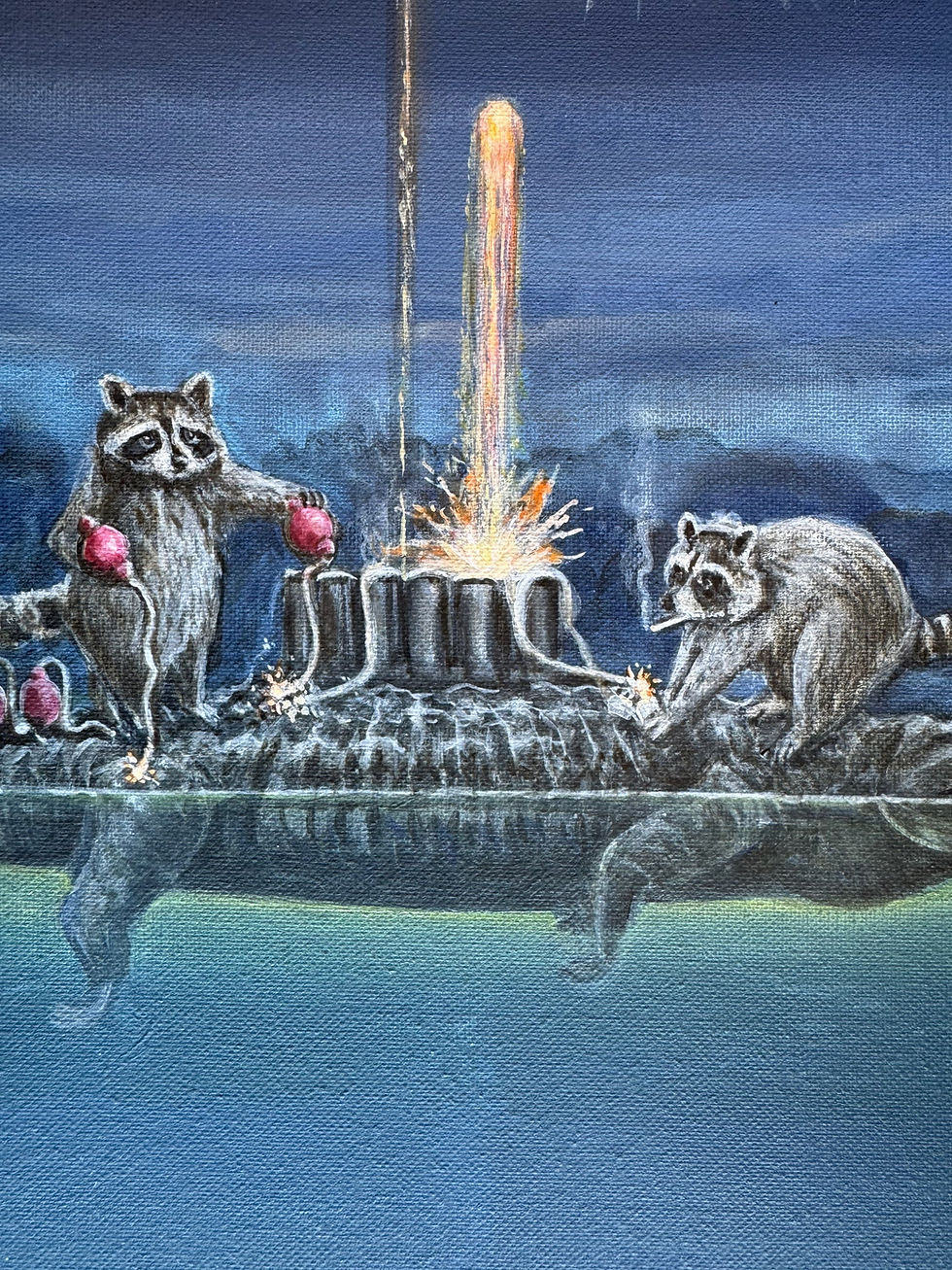 Thumbnail: Raccoons shooting fireworks off a gators back original painting, 16”x20”