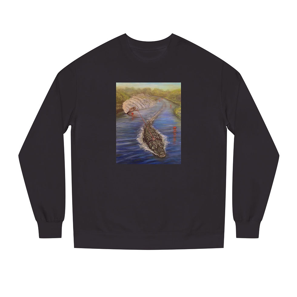 Thumbnail: Raccoon water skiing behind alligator Unisex Crew Neck Sweatshirt