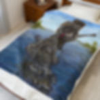Thumbnail: Raccoon wearing a coonskin cap with a chainsaw riding a crocodile Plush Blanket