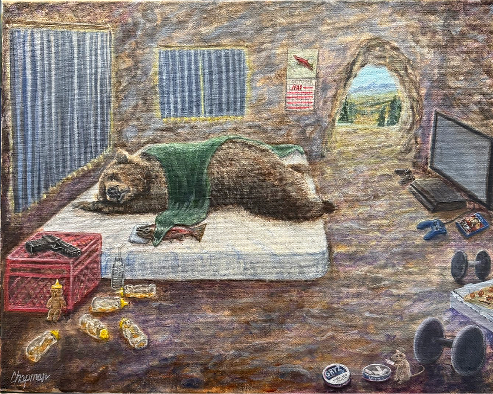 Bare necessities for bear hibernation sleeping on a mattress
