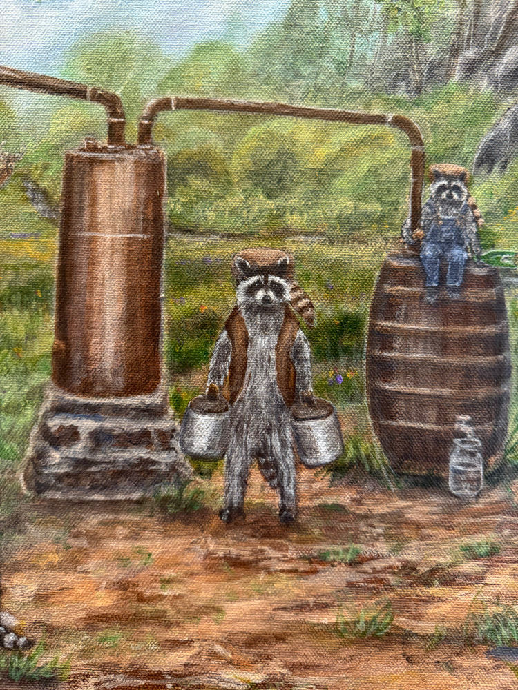 The moonshiners kip and raccoons making alcoholic spirits in the woods. Frank