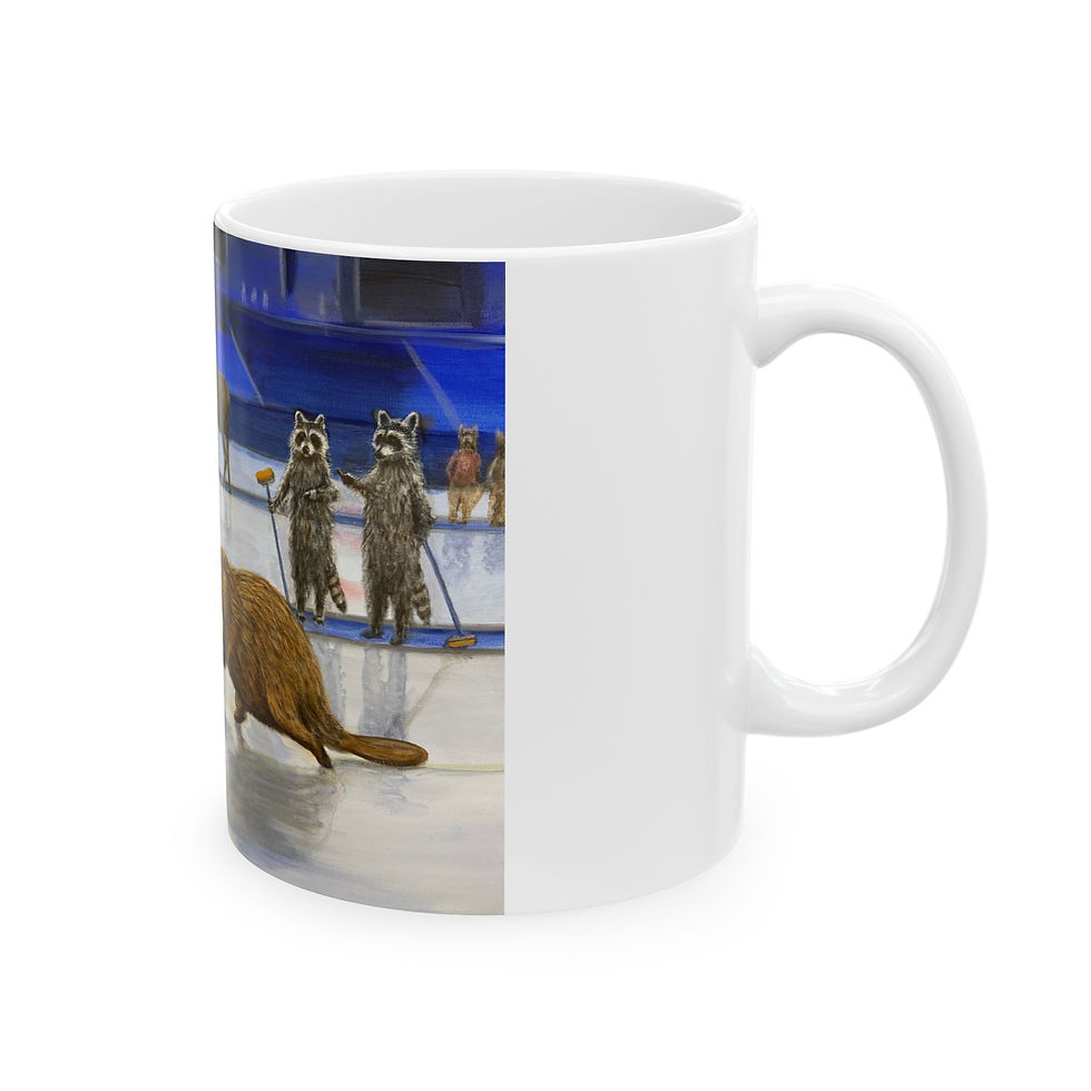 Thumbnail: Olympic curling beavers, raccoons and moose, controversy.  Mug 11oz or 15oz