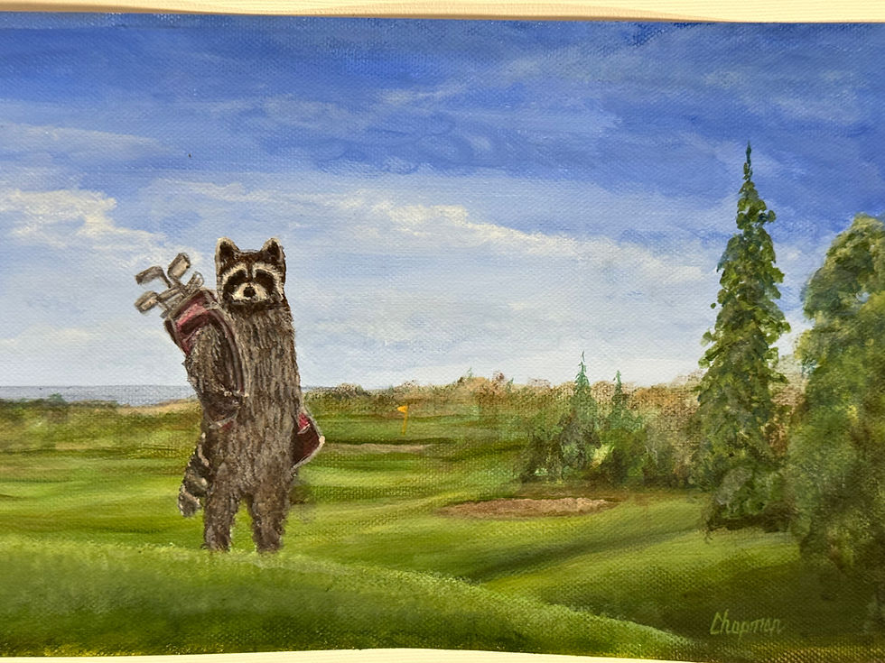 Thumbnail: Raccoon Kip golfing on a golf course holding golf bag original 6.5”x15”