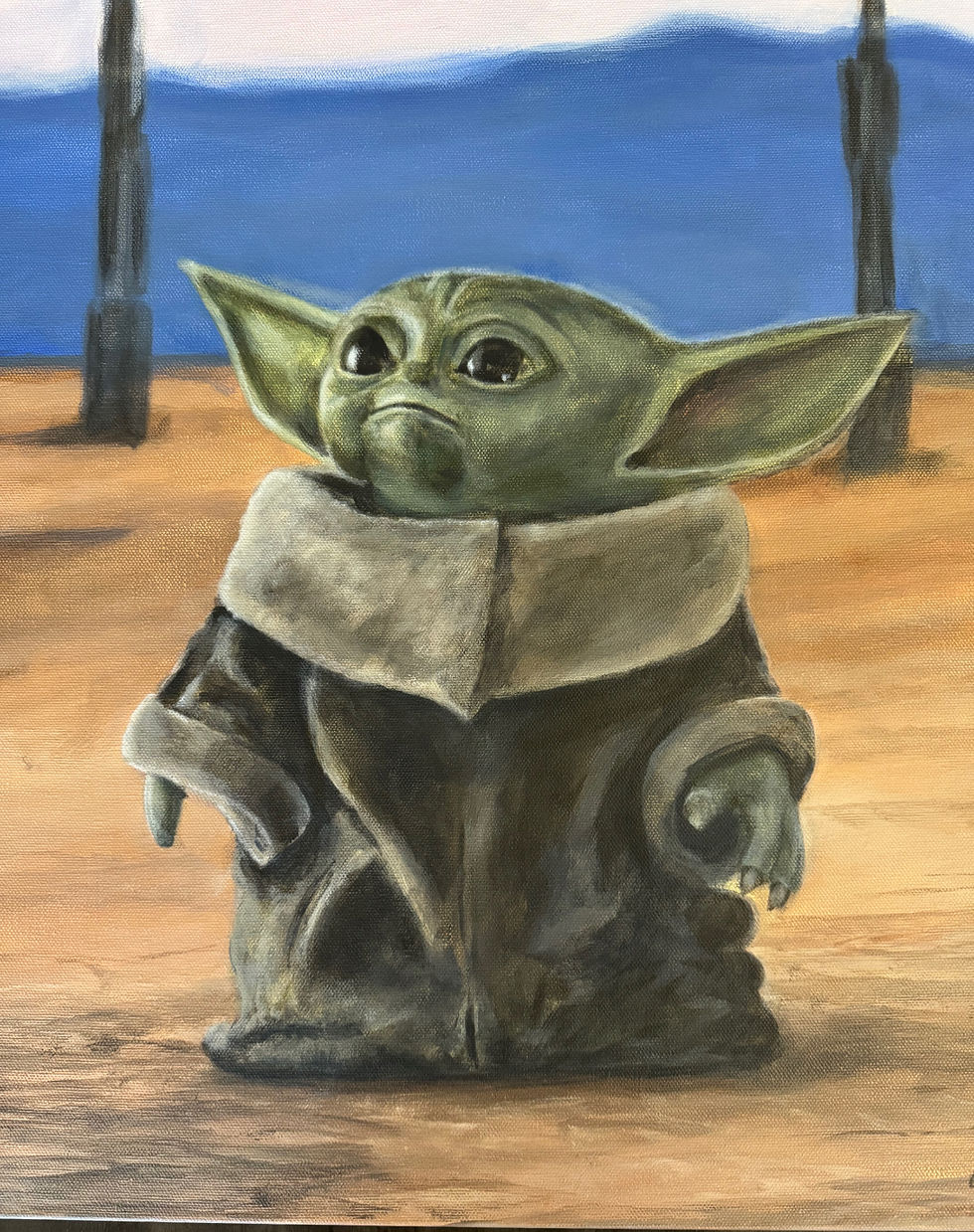Thumbnail: Baby Yoda original painting, 20” x 20”. Close up
