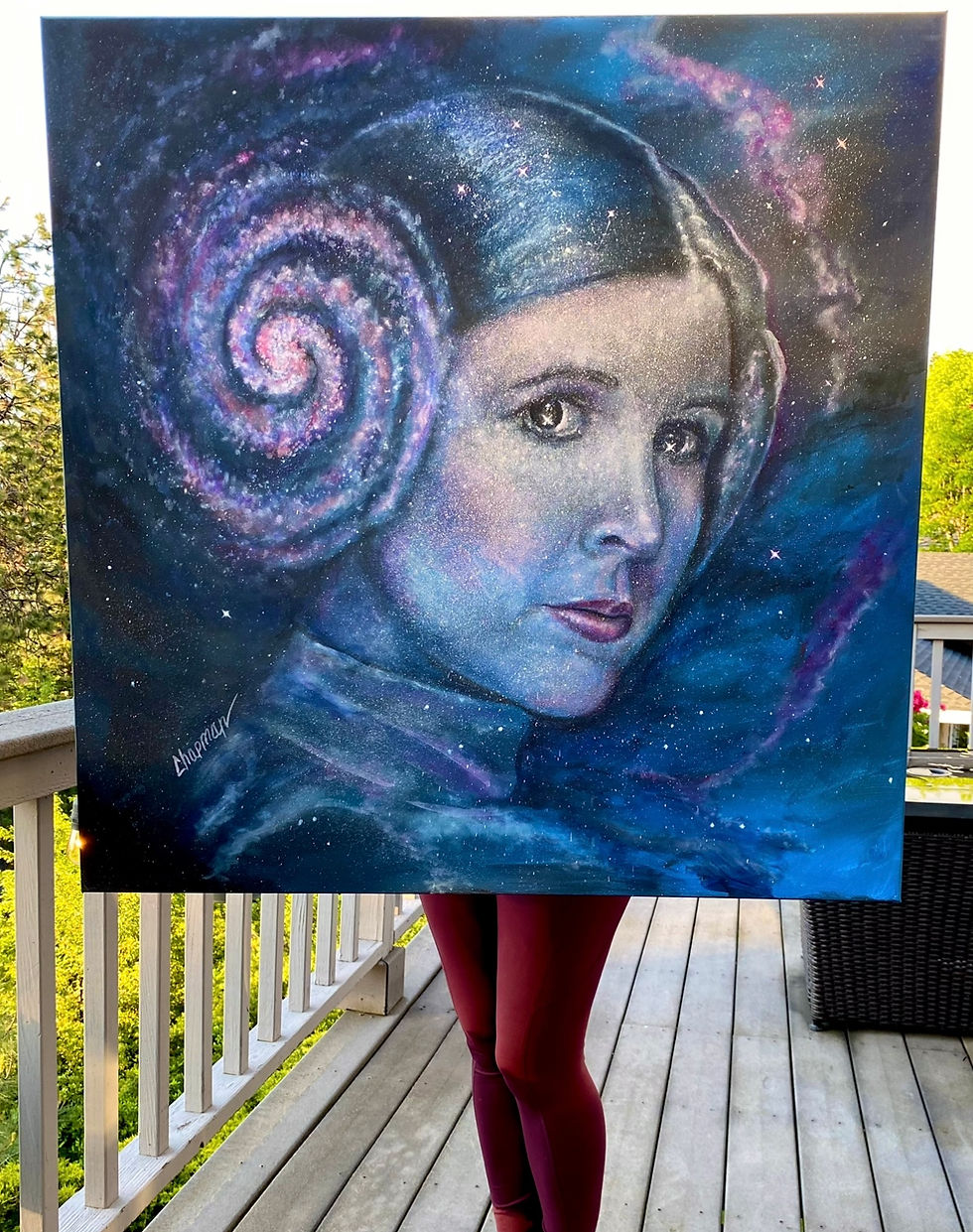 Thumbnail: Princess Leia, Carrie Fisher spiral galaxy hair buns, original 36” x 36”