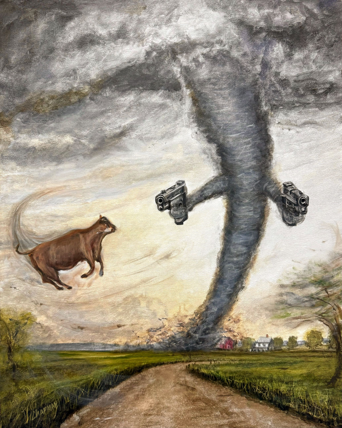 Cow flying in a Tornado with pistols. High quality image.