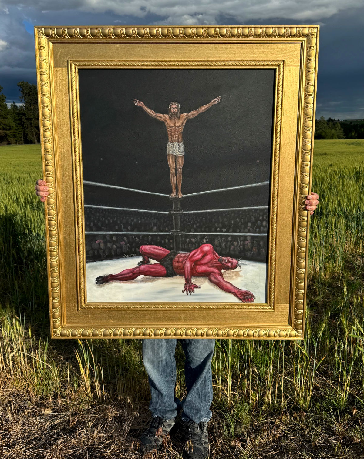 Jesus beats the devil in a pro wrestling match. Original acrylic painting.