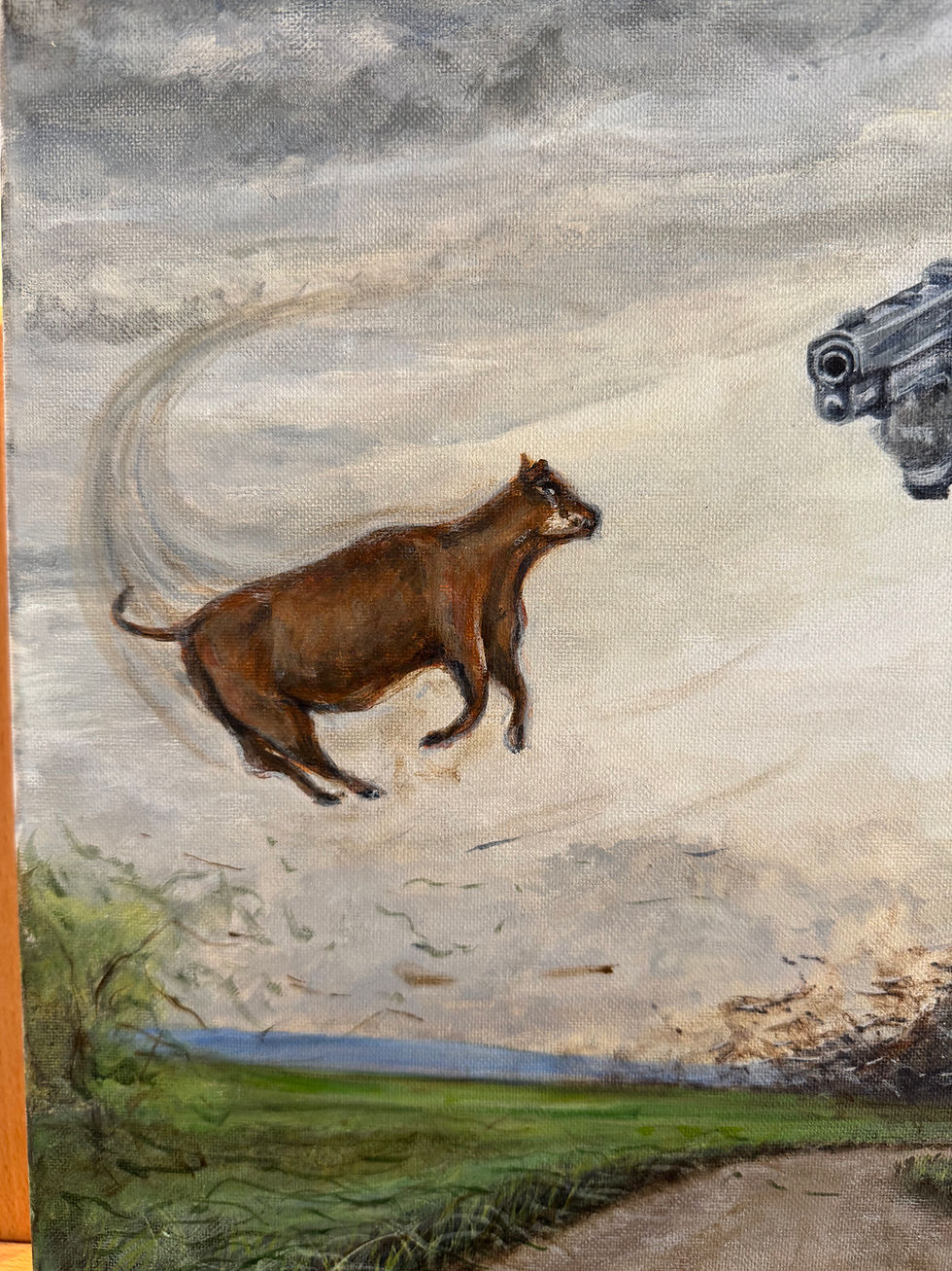 Thumbnail: Tornado holding pistols original painting 16“ x 20“ storm with hand guns