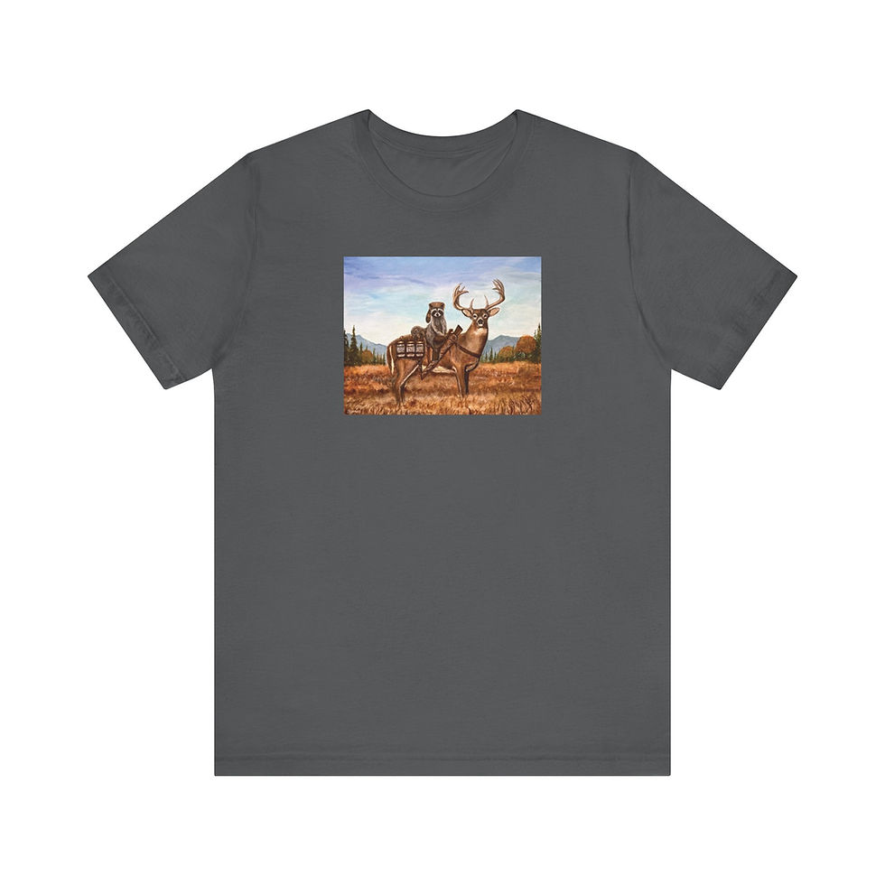 Thumbnail: Bootlegger raccoon with moonshine on a buck with shotgun. Short Sleeve Tee.