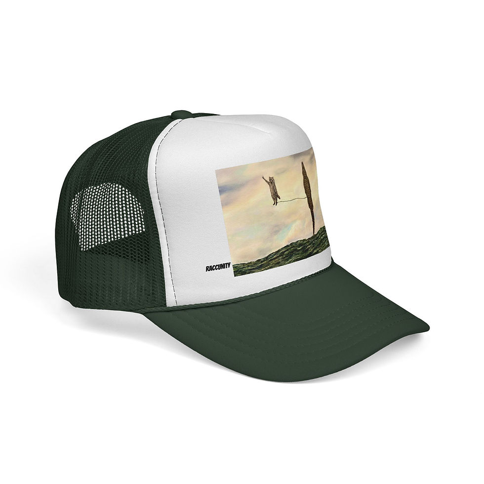 Thumbnail: Raccoon jumps out of a wave with a gator surf board. Medina pose.Trucker Cap