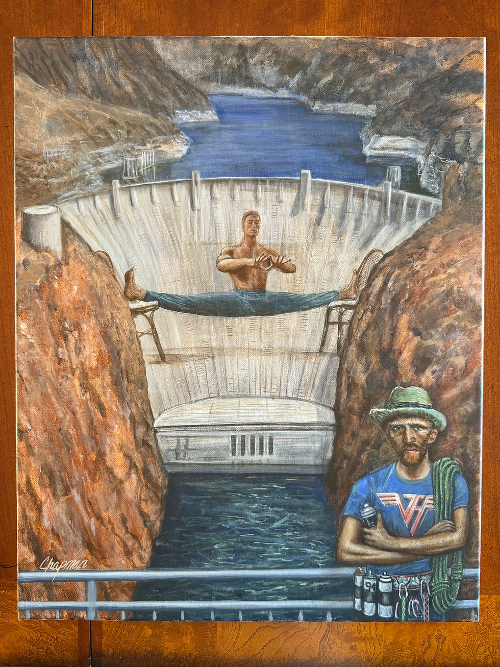 Thumbnail: Van Damme on a dam painted by van Gogh in a Van Halen shirt, original 16”x20”