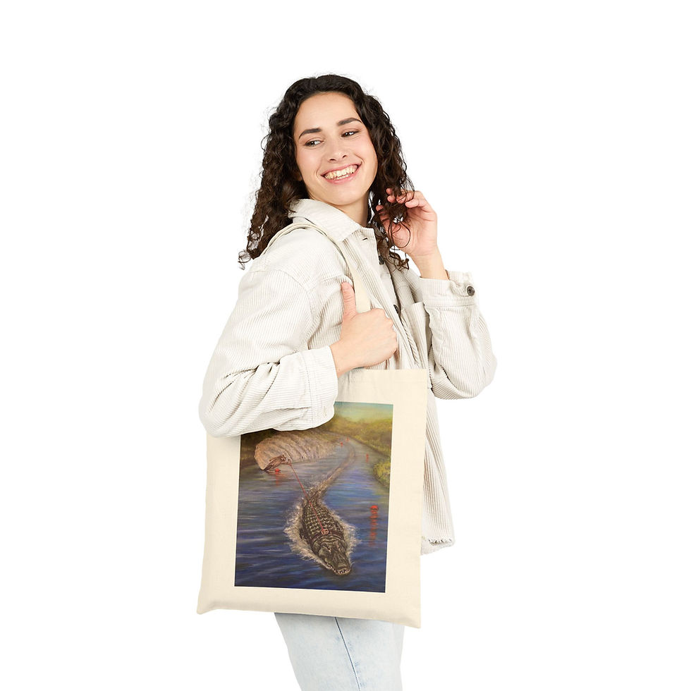 Thumbnail: Raccoon water ski behind an alligator on the RiverCotton Canvas Tote Bag.