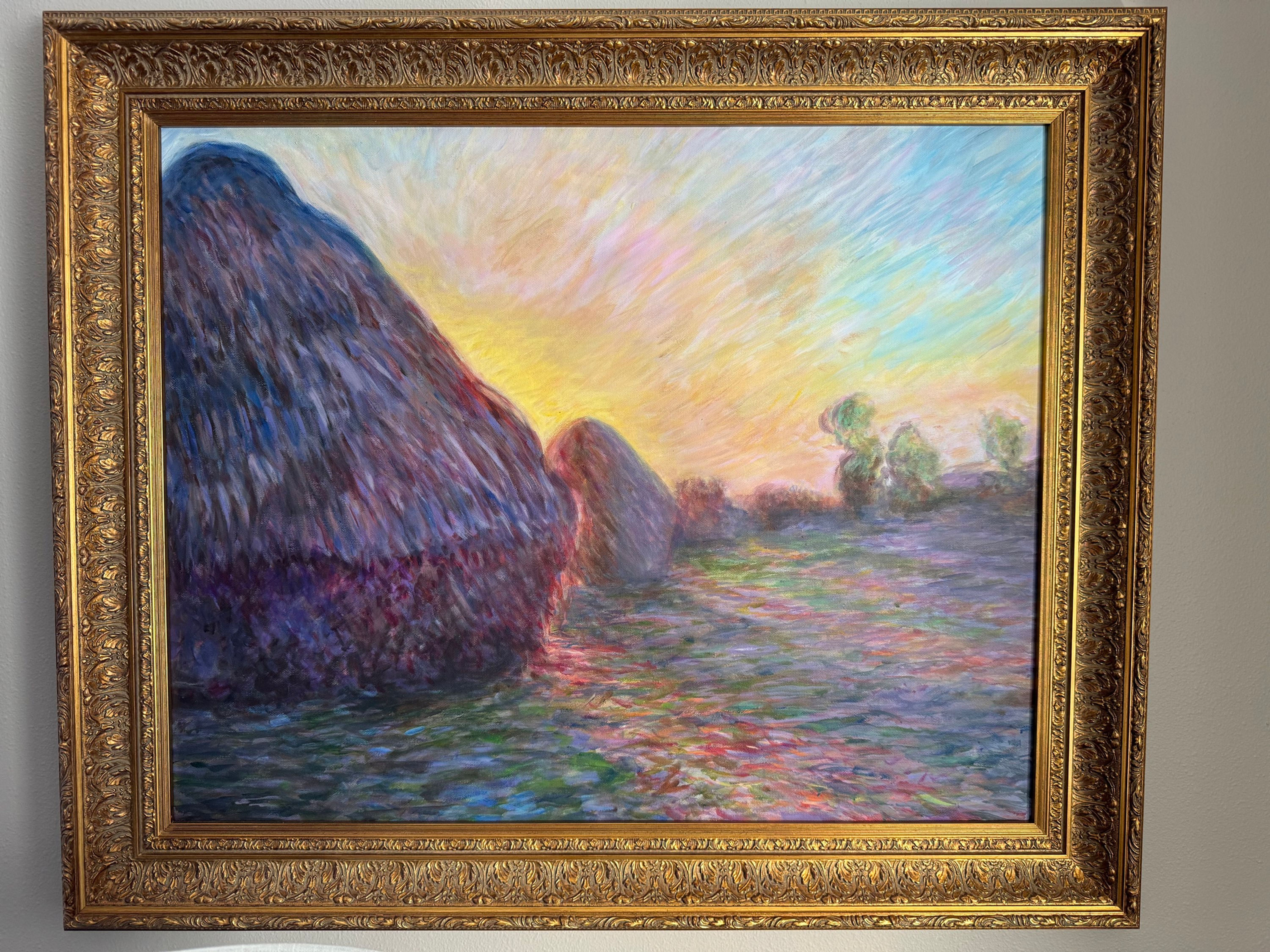 Monet Haystack original acrylic and oil replica. Sunset haystack gold frame.