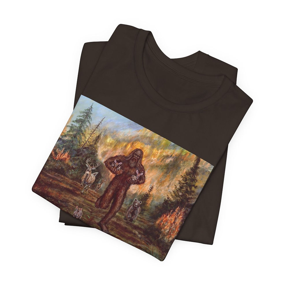 Thumbnail: Bigfoot saves baby animals from a forest fire. Jersey Short Sleeve Tee.