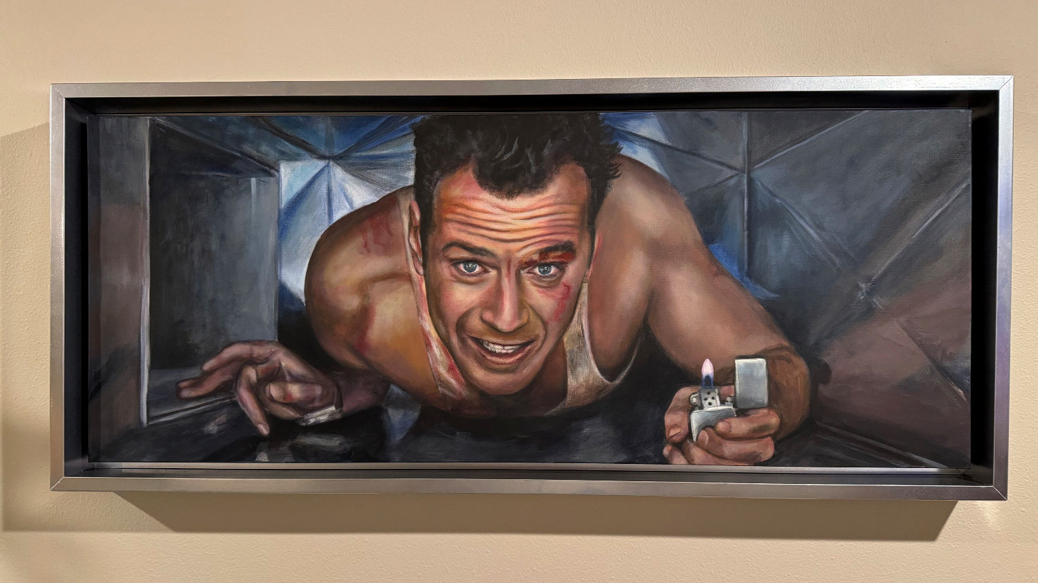 Die hard, Bruce Willis original painting with metallic frame air duct scene