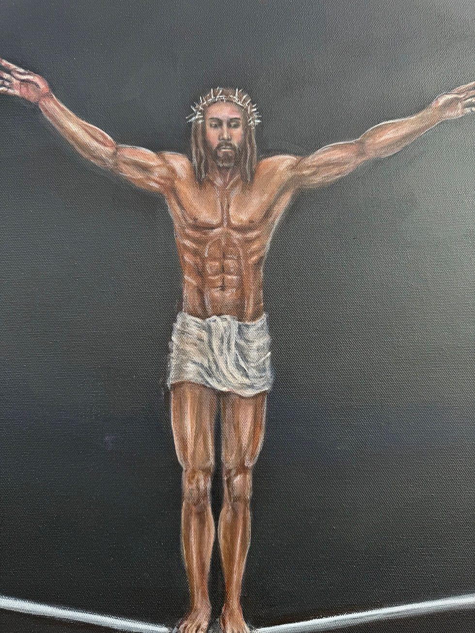 Thumbnail: Jesus beats the devil in a pro wrestling match. Original acrylic painting. Close up Jesus