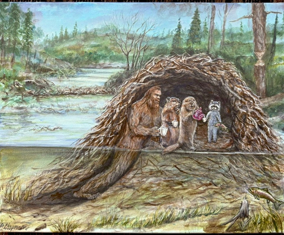 Beaver Lodge, tea party. Bigfoot and Kip in a  beaver den original