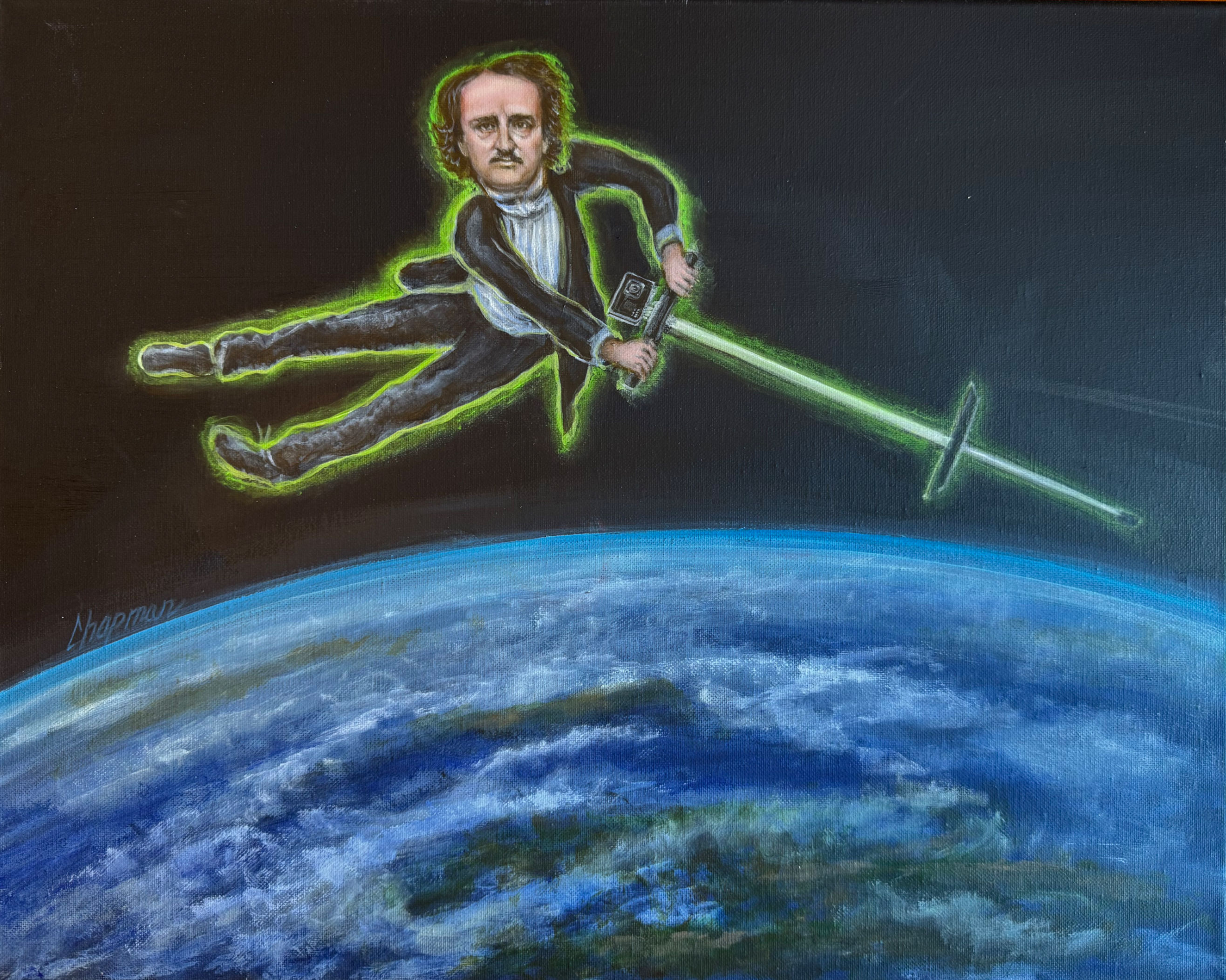 Pogo Poe with space Glow. Edgar Allan Poe in low earth orbit with pogo stick.