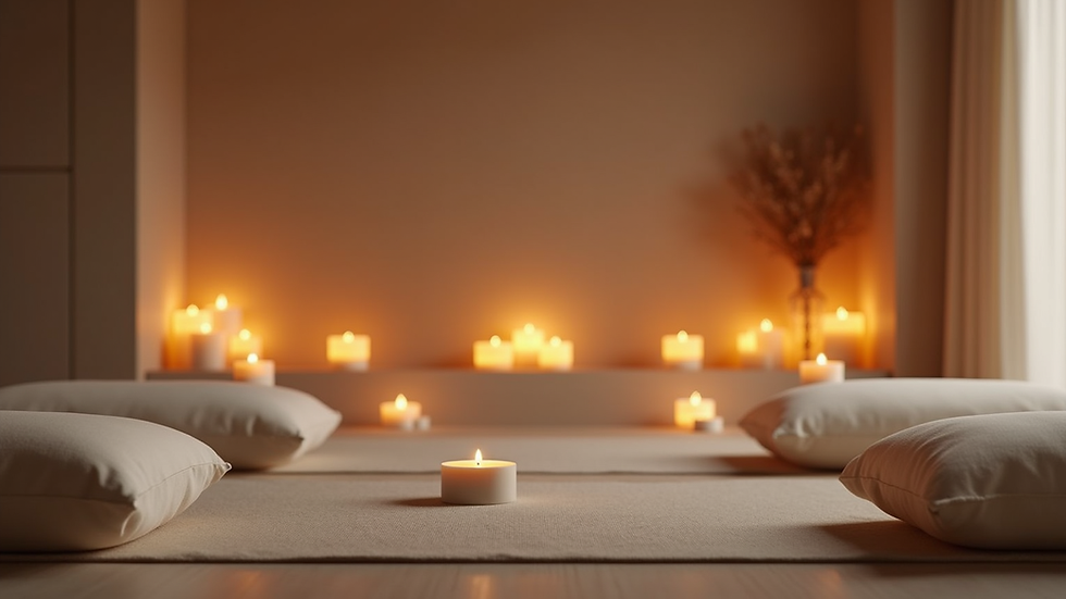 Eye-level view of a serene meditation space with candles and cushions