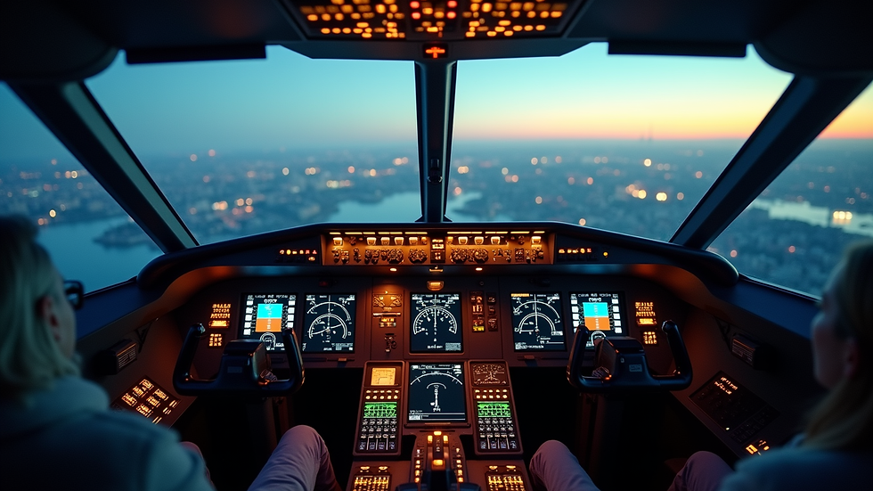 Vue en plongée d’un cockpit de simulateur de vol avec instruments allumés