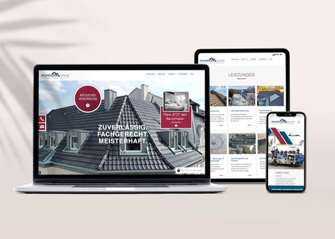 Ein aufgeklappter Laptop zeigt die Webseite der Firma Momper & Sohn. Daneben steht ein Tablet sowie ein Hand, die die beiden mobilen Varianten der Webseite zeigen.