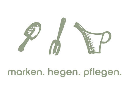 Zeichnung Schüppe, Harke, Geißkanne mit Unterschritf marken. hegen. pflegen.