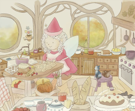 Ilustración de libro infantil. Estilo clásico, acuarela, Escena cottage de hada cocinando pasteles, panes y galletas, junto a sus tres gatitos, preparando la fiesta de té para sus amigas hadas.